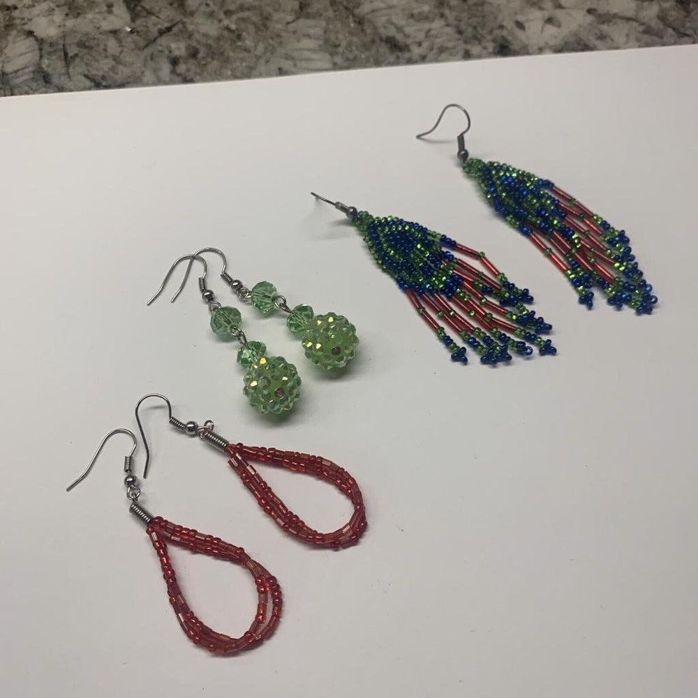 Lot Of 3 Beaded Costume Earrings Pierced Dangle Bead Green / Red Mix